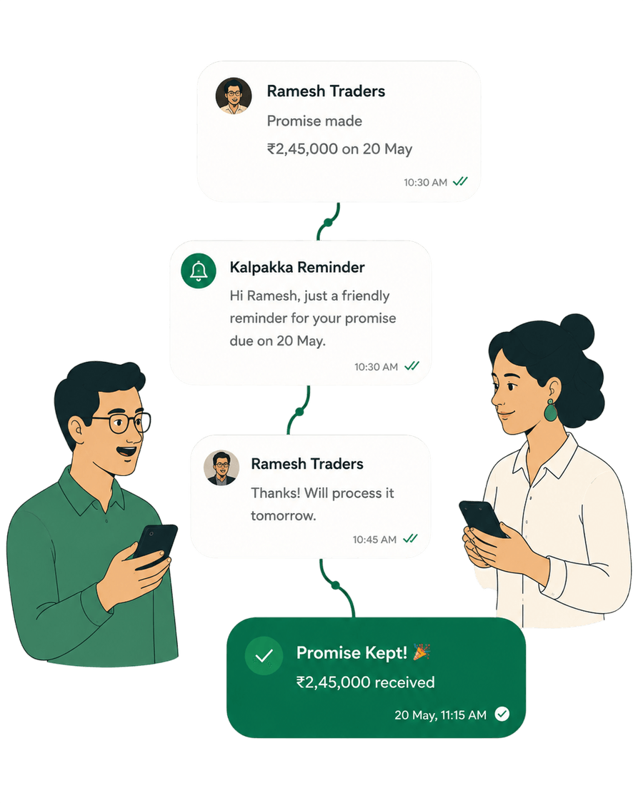 A payment promise tracked as a friendly conversation, from promise made to payment received