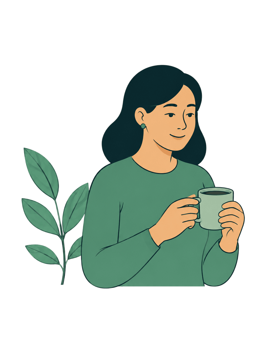 A business owner calmly reviewing her day over a cup of tea